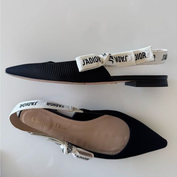 Dior J'Adior Black Fabric Pointed Toe Logo Bow Slingback Flats Size 36 US 6 - Picture 4 of 11